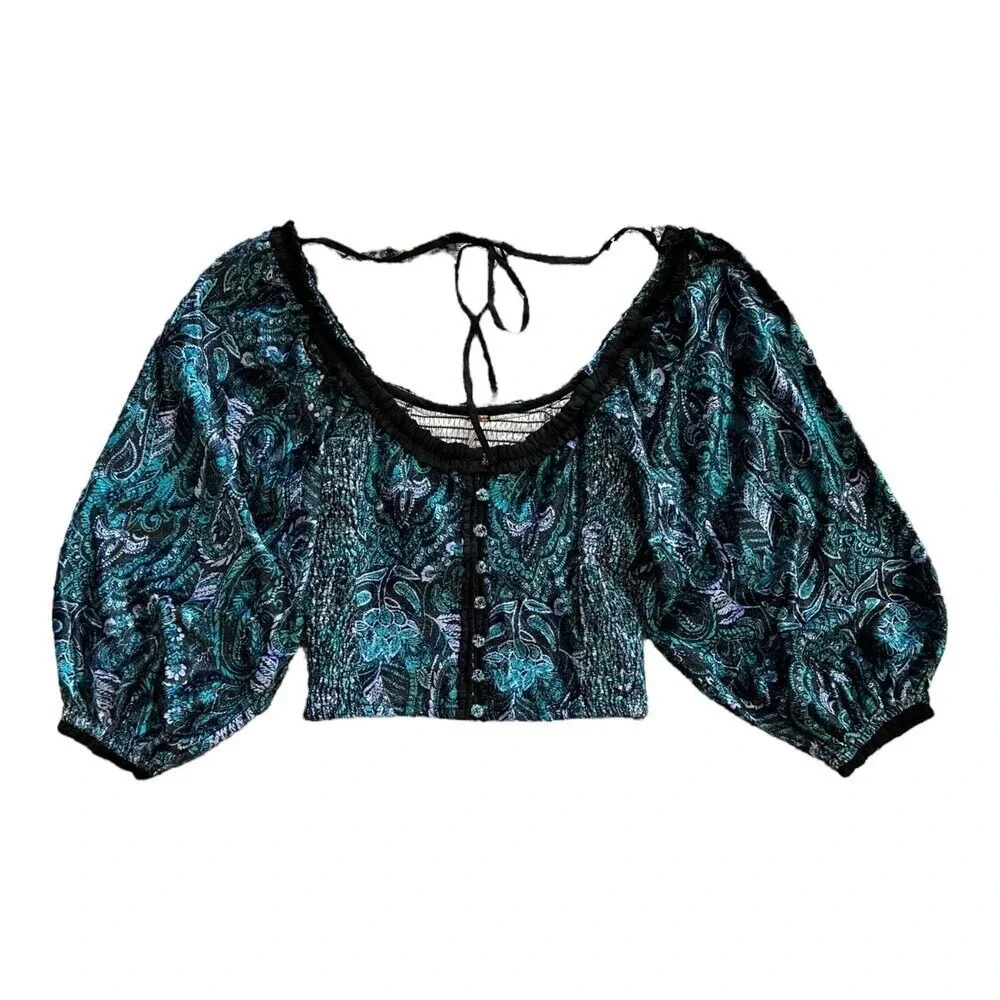 Free People Teal Velvet Dare Me Smocked Blouse XS